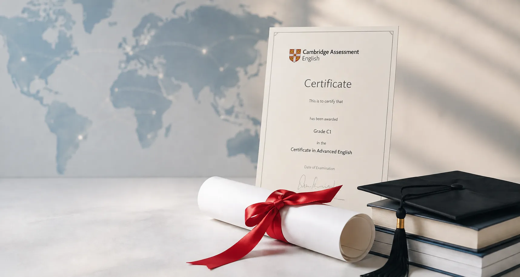 Certificado C1 Advanced de Cambridge English junto a un diploma enrollado y un birrete